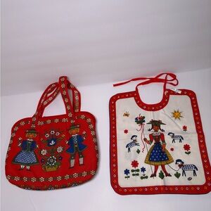 Vintage Austrian Kolf Folk Art Floral 100% Cotton Dutch Girl Mini Purse Bib Set